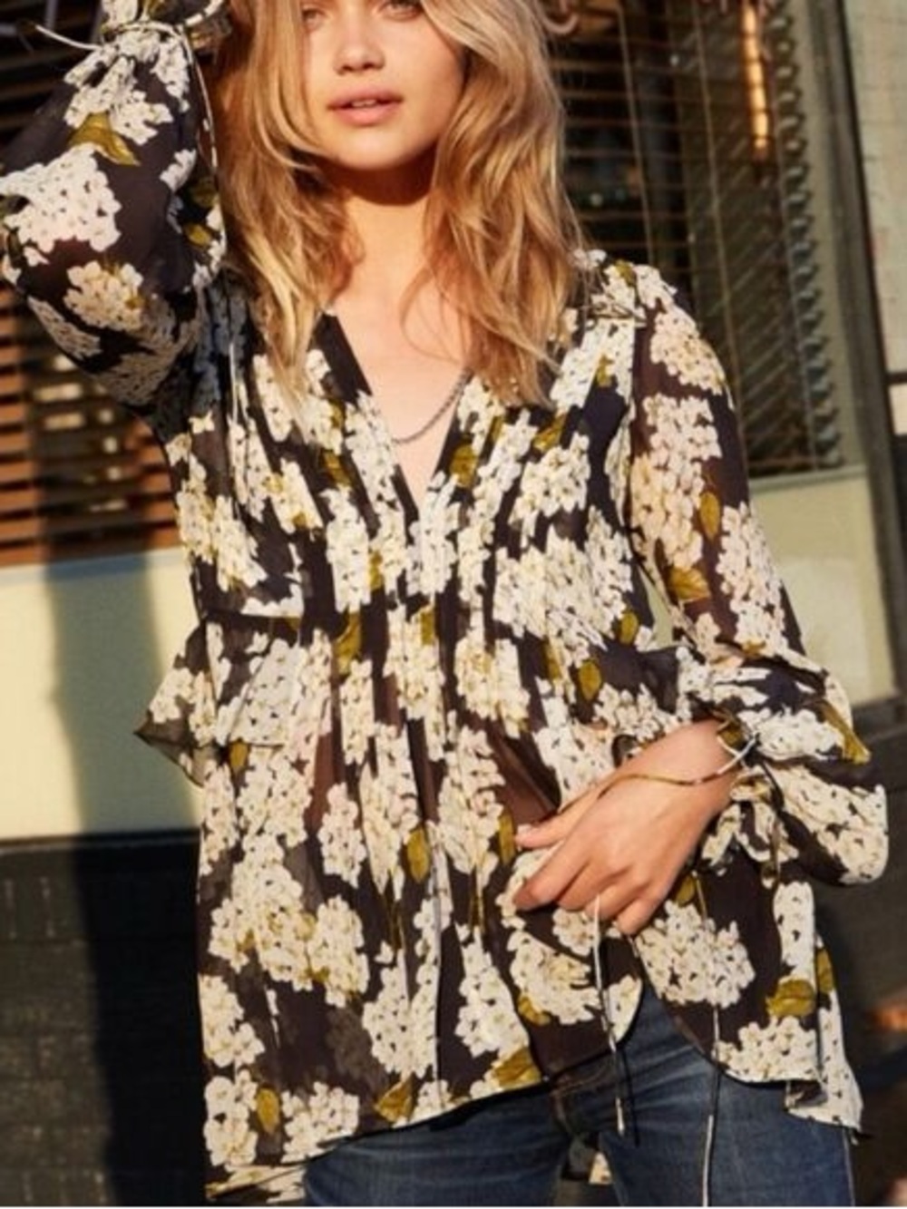 NWOT 100% sillk The Kooples Black Floral Peasant Tunic